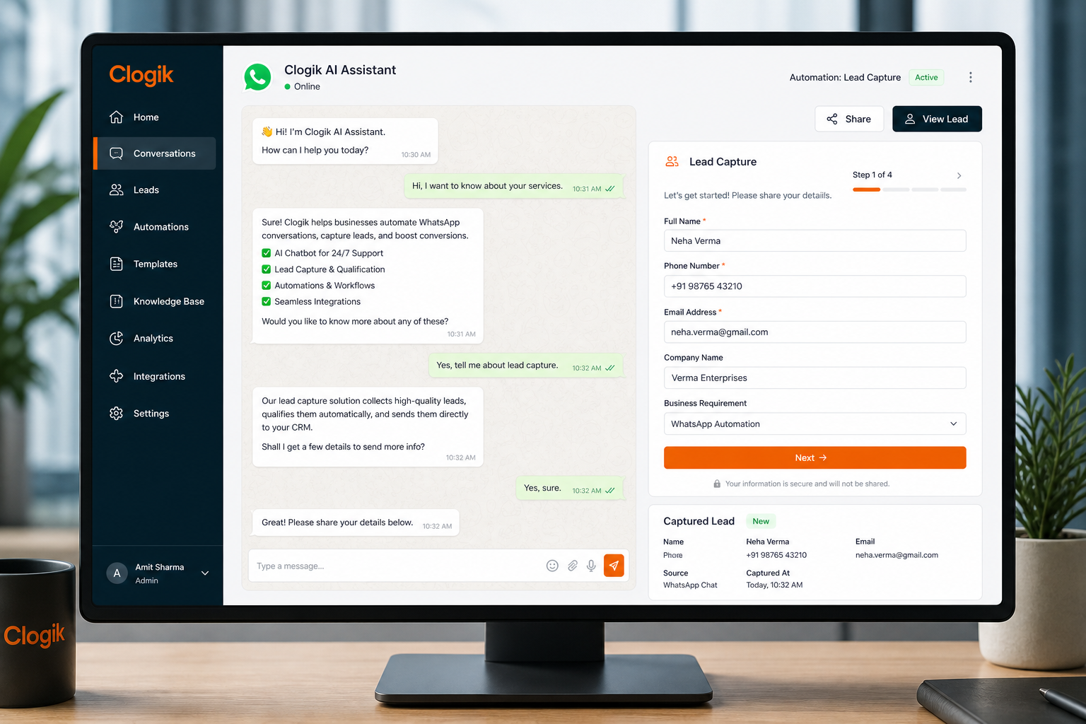 AI WhatsApp chatbot UI for business lead capture and FAQ automation