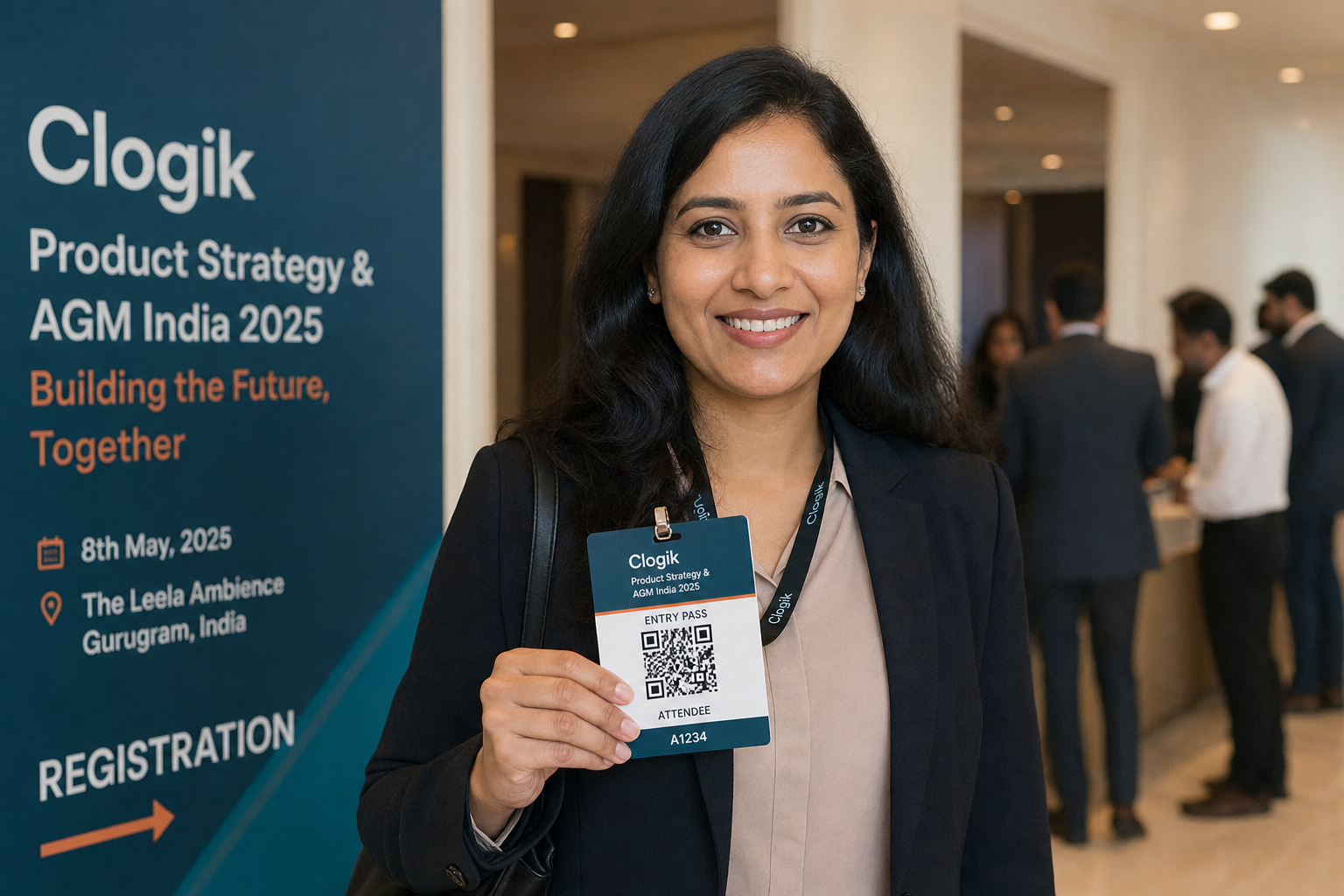 Attendee holding a printed event entry pass with QR code for digital check-in at a corporate conference