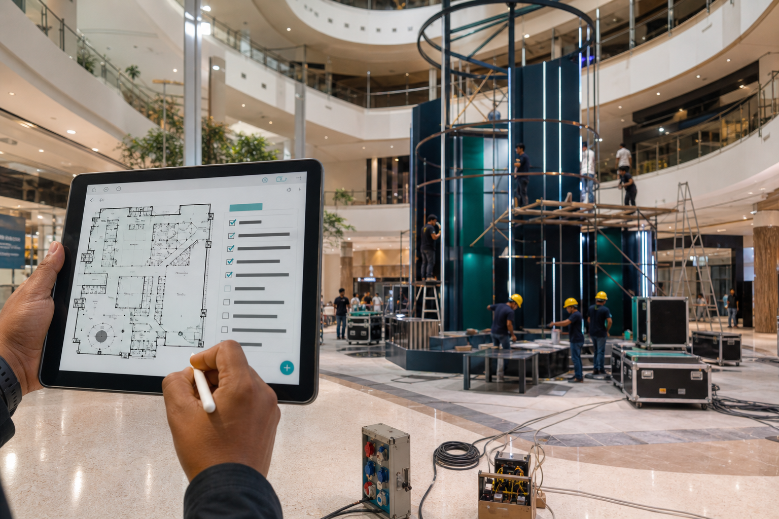Field team checking a mall atrium on a tablet before an activation install