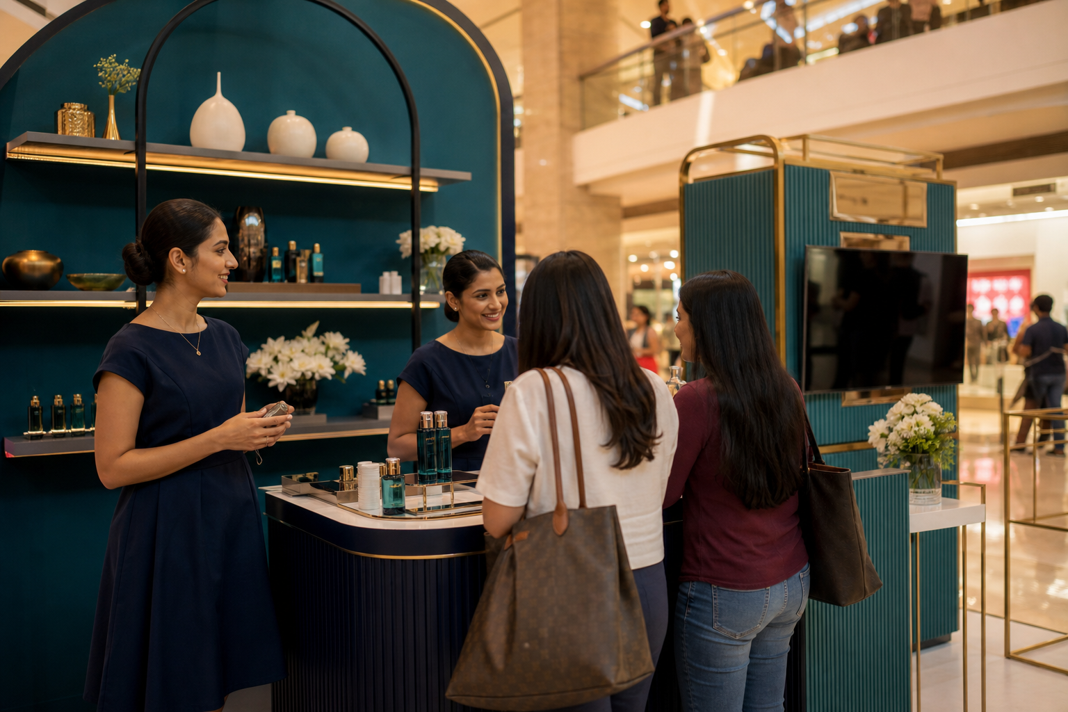 Mall kiosk brand activation with promoters and shoppers at a counter