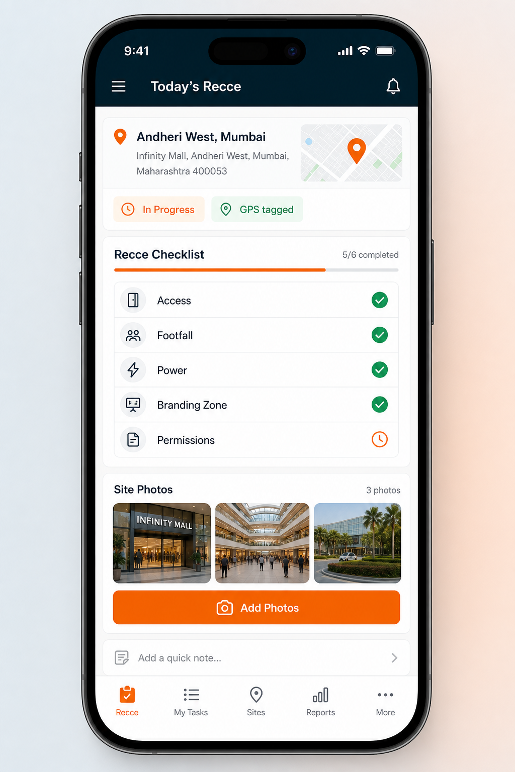 Clogik Recce Management System mobile app showing today’s recce checklist, GPS tagging, and site photos